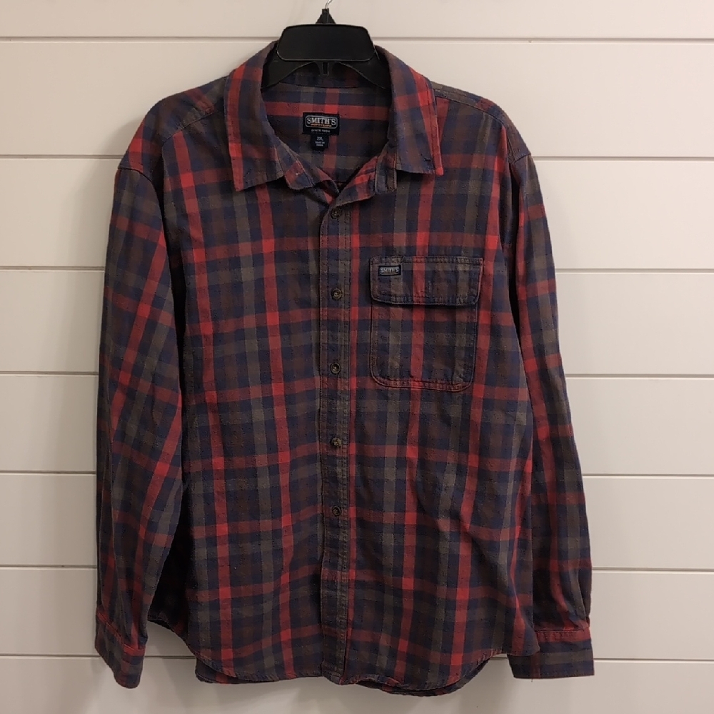 SMITH Men's Casual Red and Blue Checkered Shirt